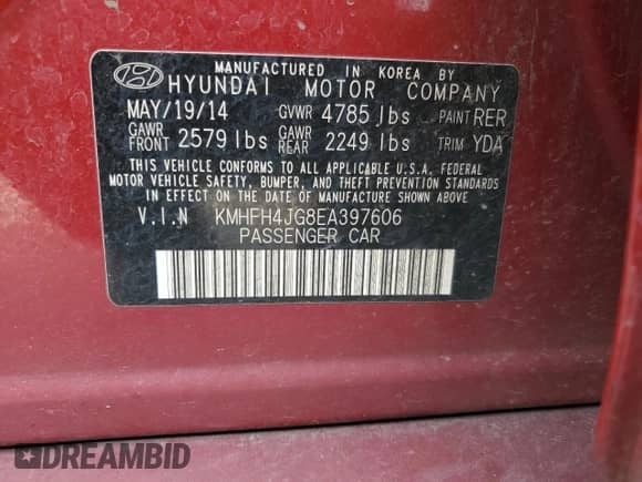 2014 Hyundai Azera Limited with VIN KMHFH4JG8EA397606, listed as a Copart auction lot 59693114 with 102,600 mi miles and Salvage title. Bid and sale history available at DreamBid. Image 13.