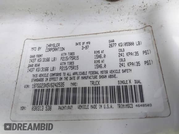 1997 Dodge Dakota with VIN 1B7GG23X5VS242535, listed as a IAAI auction lot 41608146 with 125,189 mi miles and . Bid and sale history available at DreamBid. Image 9.