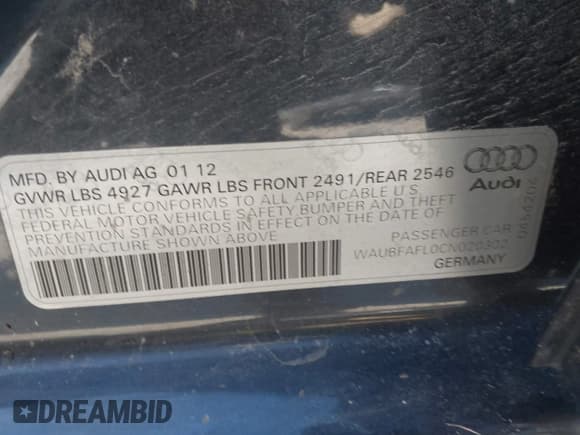 ✅ 2012 Audi A4 Premium • VIN: WAUBFAFL0CN020302 • Lot: 43459352. Listed on IAAI with 118,623 mi. Free auction sales archive from the USA and detailed vehicle history report at DreamBid. Image 9.