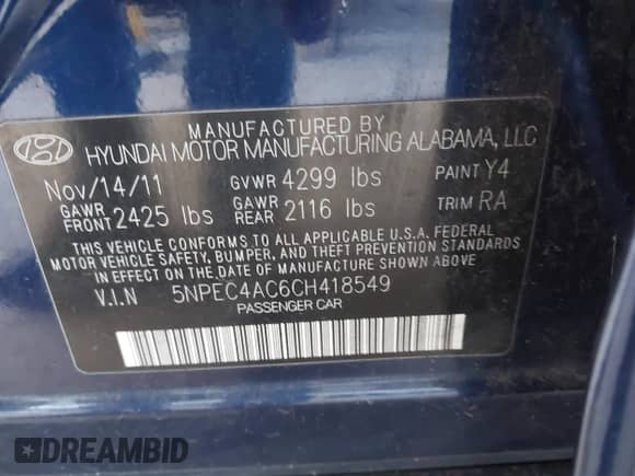 2012 Hyundai Sonata SE with VIN 5NPEC4AC6CH418549, listed as a IAAI auction lot 42967434 with Not provided miles and . Bid and sale history available at DreamBid. Image 9.