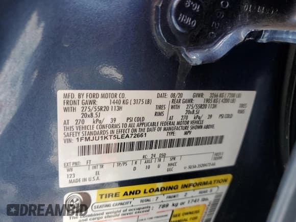 ✅ 2020 Ford Expedition Limited • VIN: 1FMJU1KT5LEA72661 • Lot: 67707965. Listed on Copart with 60,801 mi. Free auction sales archive from the USA and detailed vehicle history report at DreamBid. Image 13.