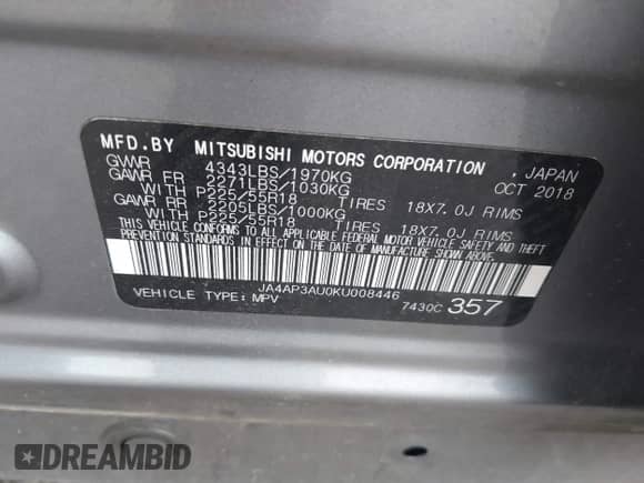 2019 Mitsubishi Outlander ES с VIN JA4AP3AU0KU008446, выставлен на аукционе IAAI как лот 43151555 с пробегом 127 102 миль миль и . История ставок и продаж доступна на DreamBid. Изображение 9.