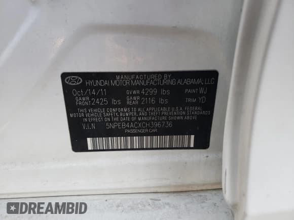 ✅ 2012 Hyundai Sonata GLS • VIN: 5NPEB4ACXCH396736 • Lot: 83768425. Wystawiony na Copart z przebiegiem Nie podano. Bezpłatny archiwum sprzedaży aukcyjnych z USA i szczegółowy raport historii pojazdu na DreamBid. Zdjęcie 12.