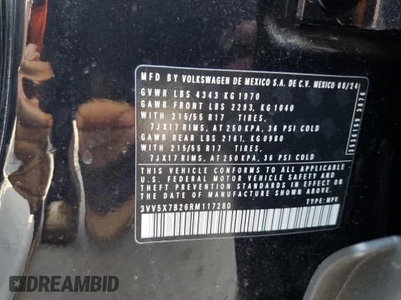 ✅ 2024 Volkswagen Taos S • VIN: 3VV5X7B26RM117280 • Лот: 68895205. Опубликован ранее на Copart с пробегом 5 842 миль. Бесплатный доступ к архиву аукционных продаж из США и подробный отчёт об истории автомобиля на DreamBid. Изображение 13.