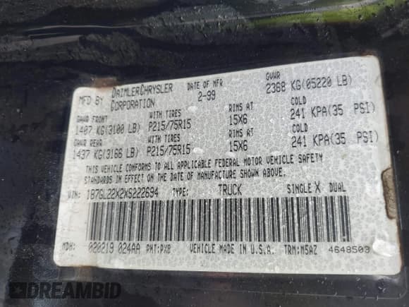 ✅ 1999 Dodge Dakota SLT • VIN: 1B7GL22X2XS222694 • Lot: 41453920. Wystawiony na IAAI z przebiegiem 269 430 mil. Bezpłatny archiwum sprzedaży aukcyjnych z USA i szczegółowy raport historii pojazdu na DreamBid. Zdjęcie 9.