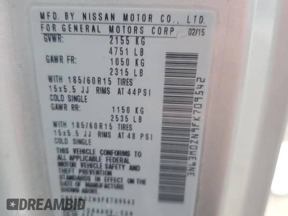 2015 Chevrolet City Express Cargo LT with VIN 3N63M0ZN9FK709542, listed as a Copart auction lot 82094234 with 72,611 mi miles and Clean title. Bid and sale history available at DreamBid. Image 12.