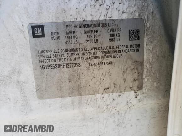 ✅ 2015 Chevrolet Cruze LT • VIN: 1G1PE5SB6F7277398 • Lot: 47113733. Listed on Copart with 105,080 mi. Free auction sales archive from the USA and detailed vehicle history report at DreamBid. Image 12.