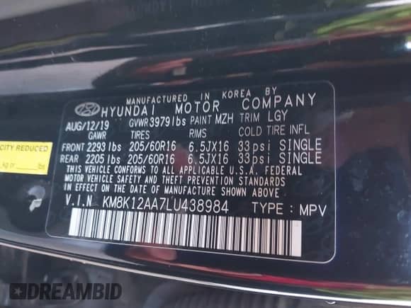 2020 Hyundai Kona SE with VIN KM8K12AA7LU438984, listed as a IAAI auction lot 43461187 with 91,120 mi miles and . Bid and sale history available at DreamBid. Image 9.