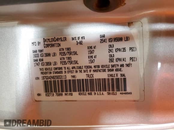 2002 Dodge Dakota SLT with VIN 1B7GG42N82S653113, listed as a Copart auction lot 69552285 with 159,543 mi miles and Salvage title. Bid and sale history available at DreamBid. Image 12.