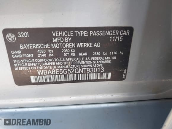 ✅ 2016 BMW 3 Series 320i xDrive • VIN: WBA8E5G52GNT93013 • Lot: 43754573. Listed on IAAI with 104,567 mi. Free auction sales archive from the USA and detailed vehicle history report at DreamBid. Image 9.