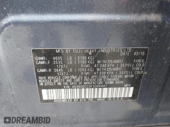 ✅ 2015 Subaru Outback Premium • VIN: 4S4BSBCC5F3304447 • Lot: 43675108. Listed on IAAI with 95,501 mi. Free auction sales archive from the USA and detailed vehicle history report at DreamBid. Image 9.