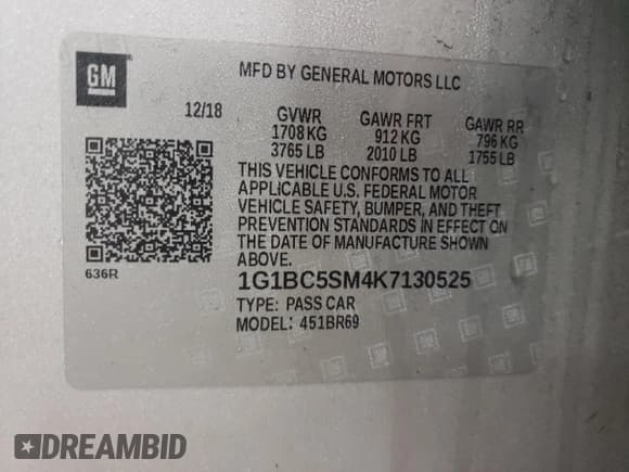 ✅ 2019 Chevrolet Cruze LS • VIN: 1G1BC5SM4K7130525 • Lot: 72665842. Listed on Copart with 56,527 mi. Free auction sales archive from the USA and detailed vehicle history report at DreamBid. Image 12.