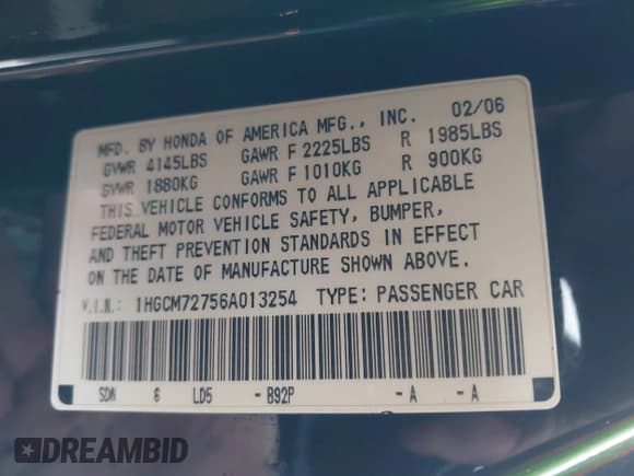 ✅ 2006 Honda Accord EX • VIN: 1HGCM72756A013254 • Lot: 43704110. Listed on IAAI with 123,272 mi. Free auction sales archive from the USA and detailed vehicle history report at DreamBid. Image 9.