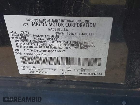 ✅ 2011 Mazda 6 i Touring • VIN: 1YVHZ8CH8B5M19917 • Lot: 41321308. Listed on IAAI with 180,189 mi. Free auction sales archive from the USA and detailed vehicle history report at DreamBid. Image 9.