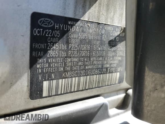 ✅ 2006 Hyundai Santa Fe GLS • VIN: KM8SC13D16U086128 • Lot: 67114355. Listed on Copart with Not provided. Free auction sales archive from the USA and detailed vehicle history report at DreamBid. Image 13.