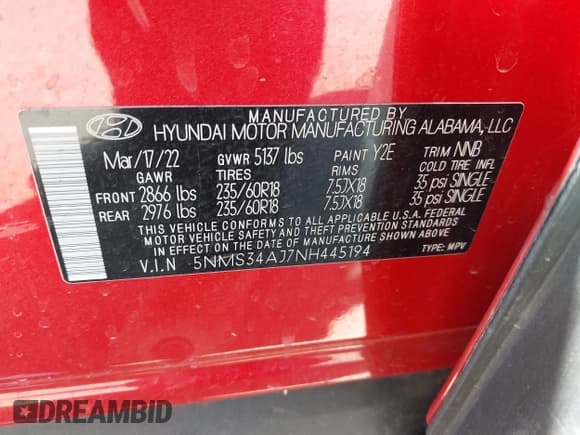 ✅ 2022 Hyundai Santa Fe SEL • VIN: 5NMS34AJ7NH445194 • Lot: 43362263. Listed on IAAI with 47,378 mi. Free auction sales archive from the USA and detailed vehicle history report at DreamBid. Image 9.