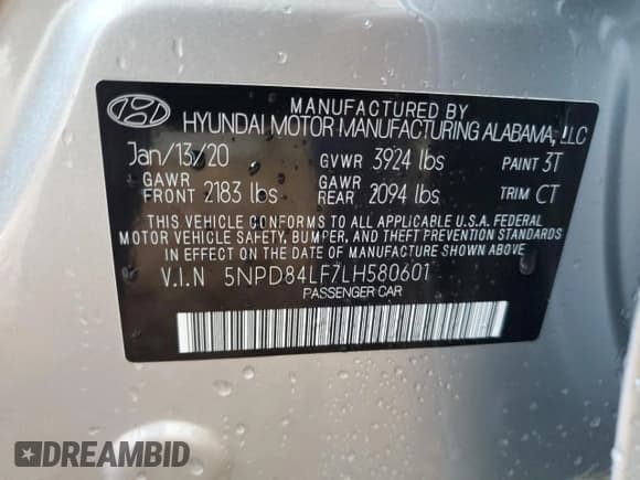 ✅ 2020 Hyundai Elantra SEL • VIN: 5NPD84LF7LH580601 • Lot: 68424055. Listed on Copart with 136,145 mi. Free auction sales archive from the USA and detailed vehicle history report at DreamBid. Image 12.