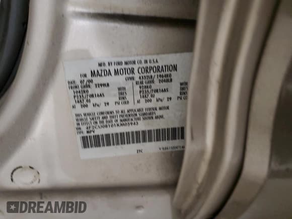 ✅ 2001 Mazda Tribute LX • VIN: 4F2CU08101KM05943 • Lot: 84077694. Wystawiony na Copart z przebiegiem 137 937 mil. Bezpłatny archiwum sprzedaży aukcyjnych z USA i szczegółowy raport historii pojazdu na DreamBid. Zdjęcie 13.