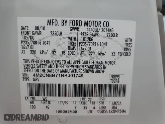 2011 Mercury Mariner z VIN 4M2CN8B71BKJ01749, wystawiony jako Copart lot #64199345 z przebiegiem 157 001 mil mil oraz Szkoda całkowita • Salvage title. Historia ofert i sprzedaży dostępna na DreamBid. Obrazek 14.