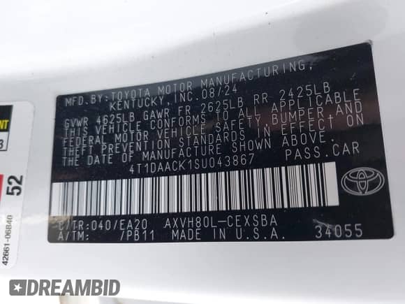 2025 Toyota Camry LE с VIN 4T1DAACK1SU043867, выставлен на аукционе IAAI как лот 43255400 с пробегом 11 131 миль миль и . История ставок и продаж доступна на DreamBid. Изображение 9.