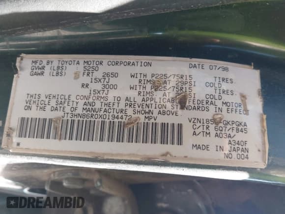 ✅ 1999 Toyota 4Runner SR5 • VIN: JT3HN86R0X0194472 • Lot: 43540495. Listed on IAAI with 249,918 mi. Free auction sales archive from the USA and detailed vehicle history report at DreamBid. Image 9.