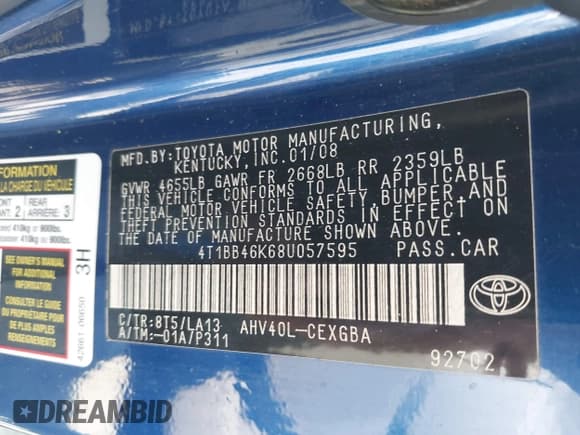 ✅ 2008 Toyota Camry • VIN: 4T1BB46K68U057595 • Lot: 43204685. Wystawiony na IAAI z przebiegiem 224 925 mil. Bezpłatny archiwum sprzedaży aukcyjnych z USA i szczegółowy raport historii pojazdu na DreamBid. Zdjęcie 9.