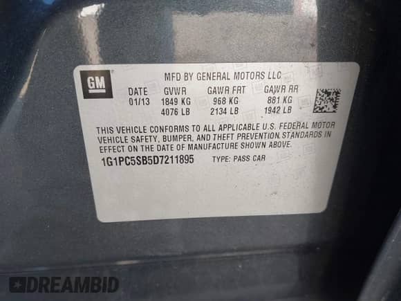 2013 Chevrolet Cruze 1LT z VIN 1G1PC5SB5D7211895, wystawiony jako IAAI lot #43385284 z przebiegiem 157 893 mil mil oraz . Historia ofert i sprzedaży dostępna na DreamBid. Obrazek 9.