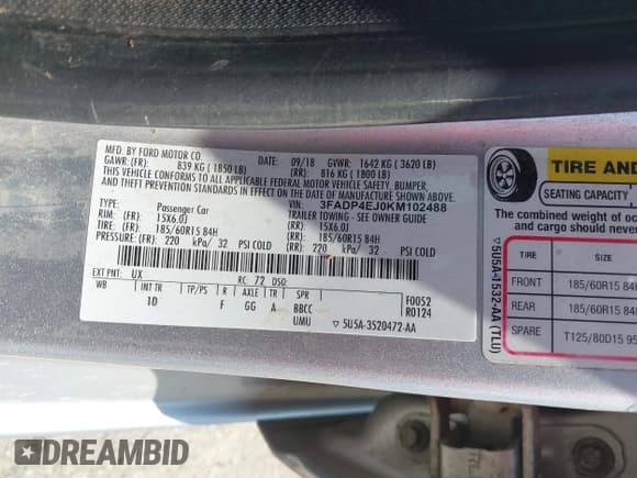 ✅ 2019 Ford Fiesta SE • VIN: 3FADP4EJ0KM102488 • Lot: 42831351. Listed on IAAI with 167,284 mi. Free auction sales archive from the USA and detailed vehicle history report at DreamBid. Image 9.