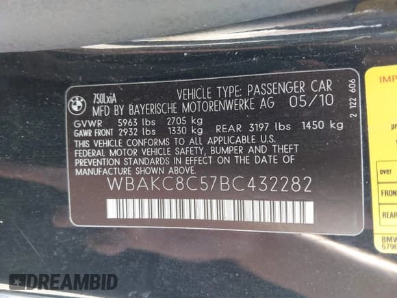 ✅ 2011 BMW 7 Series 750Li xDrive • VIN: WBAKC8C57BC432282 • Lot: 42897574. Listed on IAAI with 67,855 mi. Free auction sales archive from the USA and detailed vehicle history report at DreamBid. Image 9.