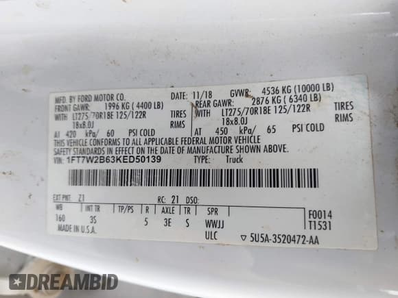 ✅ 2019 Ford F-250 XL • VIN: 1FT7W2B63KED50139 • Lot: 42726614. Listed on IAAI with 187,557 mi. Free auction sales archive from the USA and detailed vehicle history report at DreamBid. Image 9.