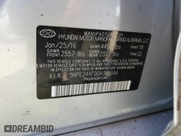 ✅ 2016 Hyundai Sonata 2.4L • VIN: 5NPE24AF0GH384644 • Lot: 68703325. Listed on Copart with 130,886 mi miles. Access the free auction sales archive from the USA and view a detailed vehicle history report at DreamBid. Image 12.