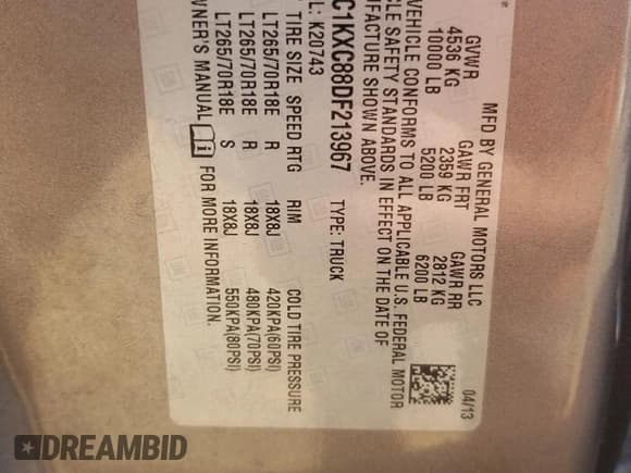 ✅ 2013 Chevrolet Silverado 2500HD LT • VIN: 1GC1KXC88DF213967 • Lot: 90948965. Listed on Copart with 170,863 mi. Free auction sales archive from the USA and detailed vehicle history report at DreamBid. Image 12.