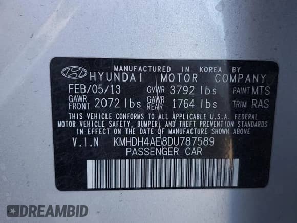 2013 Hyundai Elantra GLS с VIN KMHDH4AE8DU787589, выставлен на аукционе Copart как лот 86825545 с пробегом 131 202 миль миль и Списание • Salvage title. История ставок и продаж доступна на DreamBid. Изображение 12.