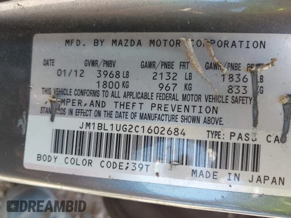 ✅ 2012 Mazda 3 i Sport • VIN: JM1BL1UG2C1602684 • Lot: 42132765. Listed on IAAI with 181,861 mi. Free auction sales archive from the USA and detailed vehicle history report at DreamBid. Image 9.