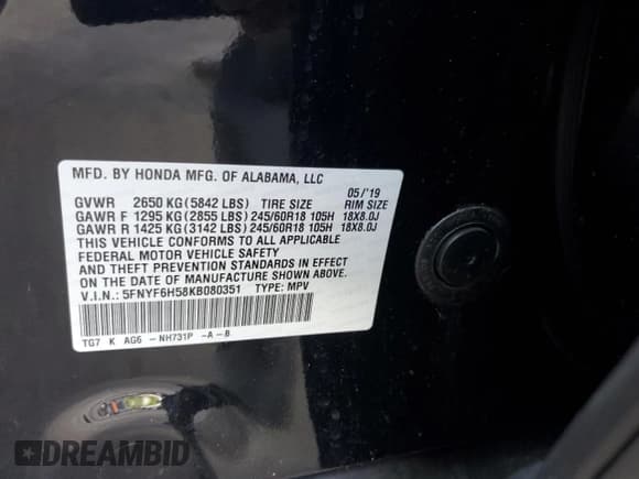 ✅ 2019 Honda Pilot EX-L • VIN: 5FNYF6H58KB080351 • Лот: 86608115. Опубликован ранее на Copart с пробегом 46 206 миль. Бесплатный доступ к архиву аукционных продаж из США и подробный отчёт об истории автомобиля на DreamBid. Изображение 12.