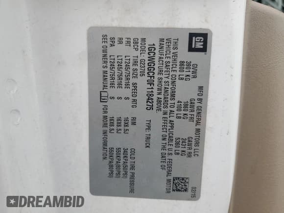 ✅ 2015 Chevrolet Express Cargo • VIN: 1GCWGGCF0F1184275 • Lot: 54509805. Listed on Copart with 105,451 mi. Free auction sales archive from the USA and detailed vehicle history report at DreamBid. Image 13.