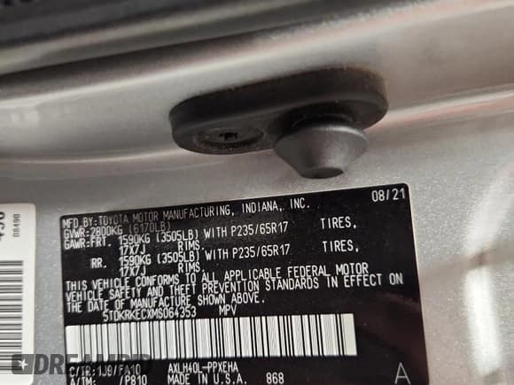 ✅ 2021 Toyota Sienna LE • VIN: 5TDKRKECXMS064353 • Lot: 93127495. Listed on Copart with 270,078 mi. Free auction sales archive from the USA and detailed vehicle history report at DreamBid. Image 13.