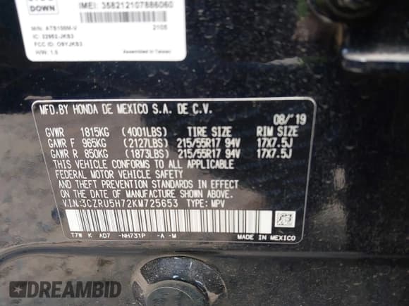 ✅ 2019 Honda HR-V EX-L • VIN: 3CZRU5H72KM725653 • Lot: 42685764. Listed on IAAI with 95,481 mi. Free auction sales archive from the USA and detailed vehicle history report at DreamBid. Image 9.