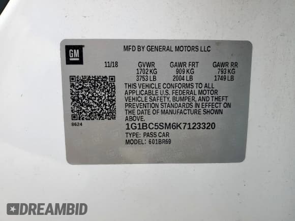 ✅ 2019 Chevrolet Cruze LS • VIN: 1G1BC5SM6K7123320 • Lot: 57381895. Listed on Copart with 111,805 mi. Free auction sales archive from the USA and detailed vehicle history report at DreamBid. Image 13.