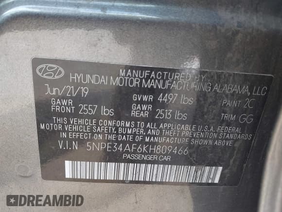 ✅ 2019 Hyundai Sonata Sport • VIN: 5NPE34AF6KH809466 • Lot: 43168000. Listed on IAAI with 88,096 mi. Free auction sales archive from the USA and detailed vehicle history report at DreamBid. Image 9.