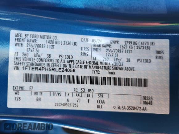 ✅ 2024 Ford Ranger XL • VIN: 1FTER4PH5RLE24056 • Lot: 91857375. Wystawiony na Copart z przebiegiem 23 894 mil. Bezpłatny archiwum sprzedaży aukcyjnych z USA i szczegółowy raport historii pojazdu na DreamBid. Zdjęcie 12.