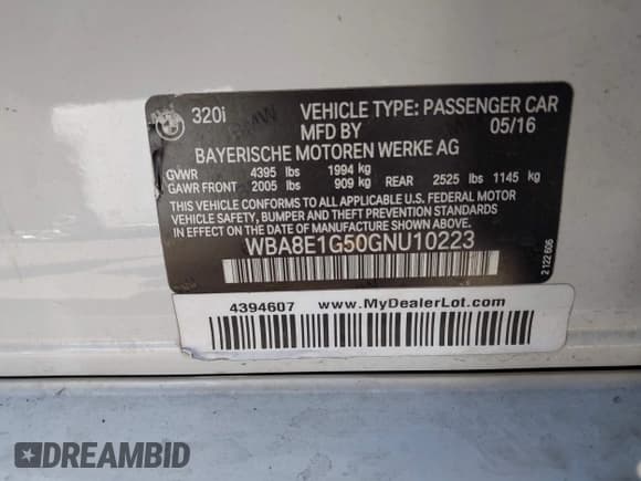 ✅ 2016 BMW 3 Series 320i • VIN: WBA8E1G50GNU10223 • Lot: 42666597. Listed on IAAI with 66,871 mi. Free auction sales archive from the USA and detailed vehicle history report at DreamBid. Image 9.