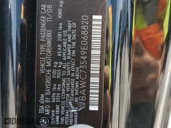 ✅ 2009 BMW 3 Series 335i xDrive • VIN: WBAWC73549E068820 • Lot: 60573965. Listed on Copart with 158,167 mi. Free auction sales archive from the USA and detailed vehicle history report at DreamBid. Image 13.