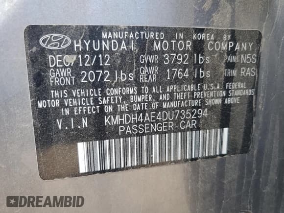 ✅ 2013 Hyundai Elantra GLS • VIN: KMHDH4AE4DU735294 • Lot: 81984755. Listed on Copart with 183,601 mi. Free auction sales archive from the USA and detailed vehicle history report at DreamBid. Image 12.