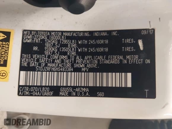 ✅ 2017 Toyota Highlander XLE • VIN: 5TDJZRFH6HS483384 • Lot: 42691358. Listed on IAAI with 198,958 mi. Free auction sales archive from the USA and detailed vehicle history report at DreamBid. Image 9.