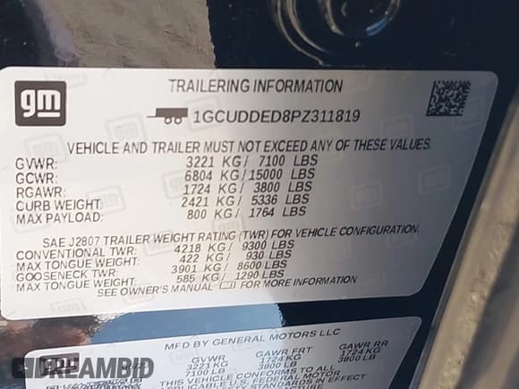 ✅ 2023 Chevrolet Silverado 1500 LT • VIN: 1GCUDDED8PZ311819 • Lot: 42205563. Listed on IAAI with 26,701 mi. Free auction sales archive from the USA and detailed vehicle history report at DreamBid. Image 9.