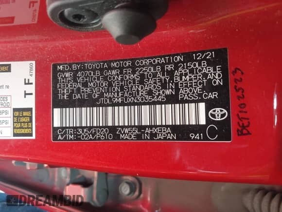 2022 Toyota Prius LE z VIN JTDL9MFUXN3035445, wystawiony jako IAAI lot #42475495 z przebiegiem 63 000 mil mil oraz . Historia ofert i sprzedaży dostępna na DreamBid. Obrazek 9.