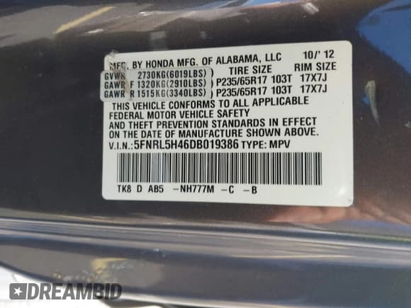 ✅ 2013 Honda Odyssey EX • VIN: 5FNRL5H46DB019386 • Lot: 43351857. Listed on IAAI with 147,538 mi. Free auction sales archive from the USA and detailed vehicle history report at DreamBid. Image 9.