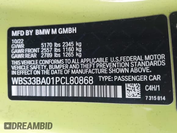✅ 2023 BMW M4 Competition xDrive • VIN: WBS33BA01PCL80868 • Lot: 43566038. Listed on IAAI with 44,029 mi. Free auction sales archive from the USA and detailed vehicle history report at DreamBid. Image 9.
