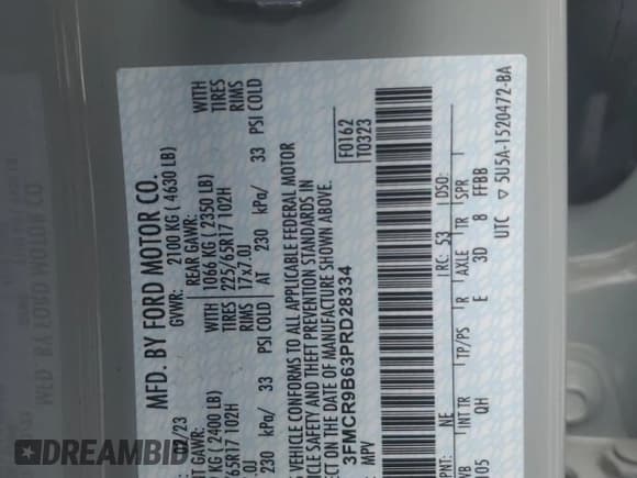 ✅ 2023 Ford Bronco Sport Big Bend • VIN: 3FMCR9B63PRD28334 • Lot: 70988375. Wystawiony na Copart z przebiegiem 47 138 mil. Bezpłatny archiwum sprzedaży aukcyjnych z USA i szczegółowy raport historii pojazdu na DreamBid. Zdjęcie 12.